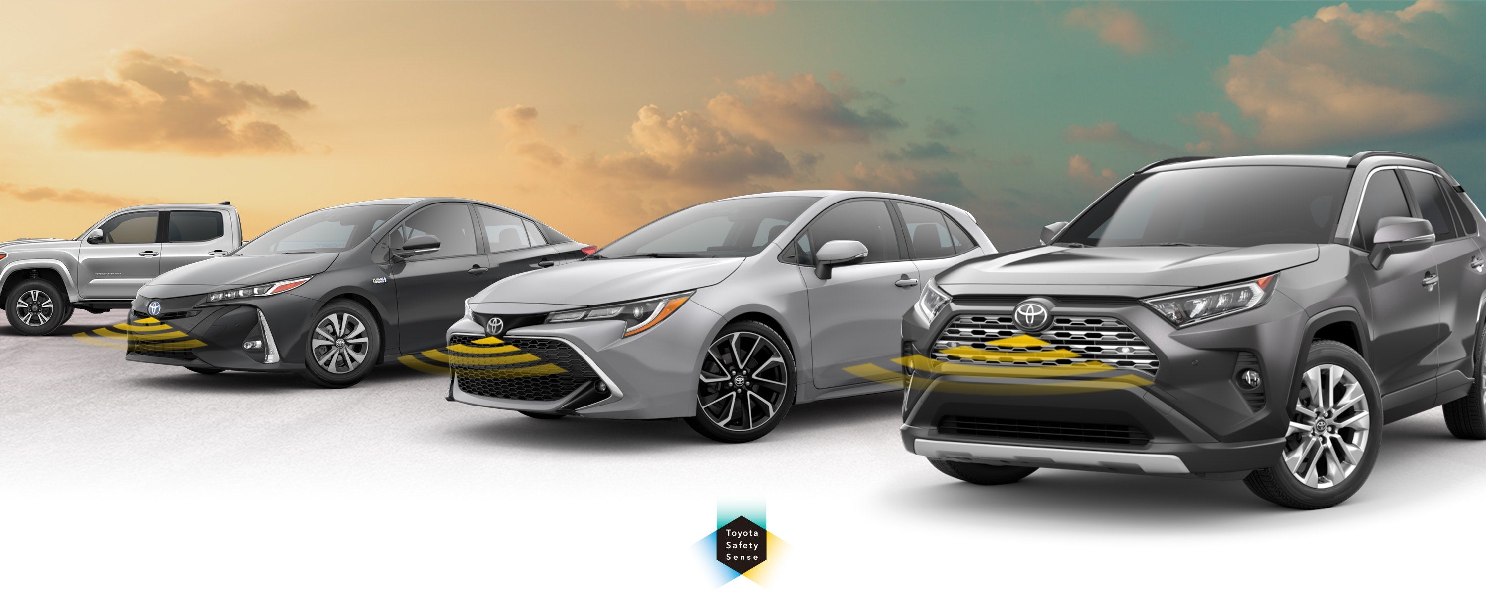 Toyota Safety Sense: Designed for Safety. Options shown on Toyota models including RAV4, Tacoma, and Camry, available now at J. Pauley Toyota in Fort Smith AR.